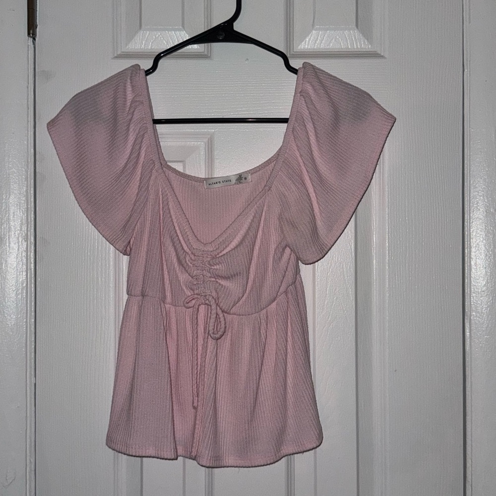 Altar'd State Light Pink Blouse with Ruffle Sleeves
